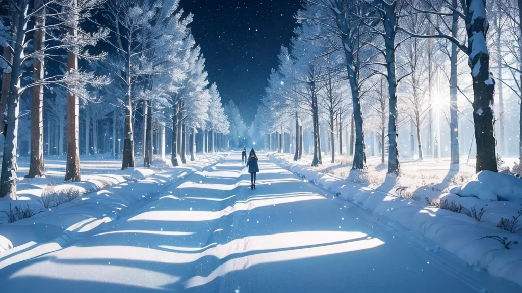 Forest of glass trees in a winter landscape, anime style to contemporary classical music. Transparent trees that refract light creating rainbows in the snow. Musical snowflakes that tinkle as they fall. An ice piano in a clearing, touched by invisible hands. Delicate and detailed animation style, reminiscent of 'Your Name' by Makoto Shinkai. Cold and bright colors: pure whites, icy blues and flashes of prismatic colors. Atmosphere of fragile beauty and crystalline music.