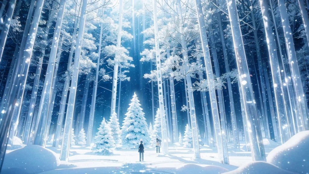 Forest of glass trees in a winter landscape, anime style to contemporary classical music. Transparent trees that refract light creating rainbows in the snow. Musical snowflakes that tinkle as they fall. An ice piano in a clearing, touched by invisible hands. Delicate and detailed animation style, reminiscent of 'Your Name' by Makoto Shinkai. Cold and bright colors: pure whites, icy blues and flashes of prismatic colors. Atmosphere of fragile beauty and crystalline music.