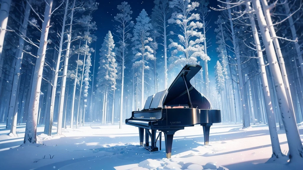 Forest of glass trees in a winter landscape, anime style to contemporary classical music. Transparent trees that refract light creating rainbows in the snow. Musical snowflakes that tinkle as they fall. An ice piano in a clearing, touched by invisible hands. Delicate and detailed animation style, reminiscent of &#39;Your Name&#39; by Makoto Shinkai. Cold and bright colors: pure whites, icy blues and flashes of prismatic colors. Atmosphere of fragile beauty and crystalline music.