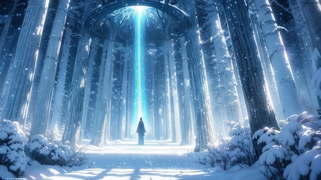 Forest of glass trees in a winter landscape, anime style to contemporary classical music. Transparent trees that refract light creating rainbows in the snow. Musical snowflakes that tinkle as they fall. An ice piano in a clearing, touched by invisible hands. Delicate and detailed animation style, reminiscent of &#39;Your Name&#39; by Makoto Shinkai. Cold and bright colors: pure whites, icy blues and flashes of prismatic colors. Atmosphere of fragile beauty and crystalline music.