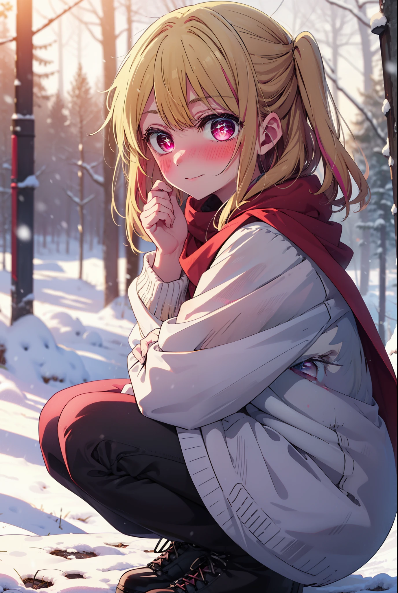 rubyhoshino, Hoshino Ruby, Long Hair, bangs, blonde, (Pink Eyes:1.3), Side Lock, (Symbol-shaped pupil:1.5), Multicolored Hair, Two-tone hair, smile,,smile,blush,white breath,
Open your mouth,snow,Ground bonfire, Outdoor, boots, snowing, From the side, wood, suitcase, Cape, Blurred, , forest, White handbag, nature,  Squat, Mouth closed, Cape, winter, Written boundary depth, Black shoes, red Cape break looking at viewer, Upper Body, whole body, break Outdoor, forest, nature, break (masterpiece:1.2), Highest quality, High resolution, unity 8k wallpaper, (shape:0.8), (Beautiful and beautiful eyes:1.6), Highly detailed face, Perfect lighting, Extremely detailed CG, (Perfect hands, Perfect Anatomy),