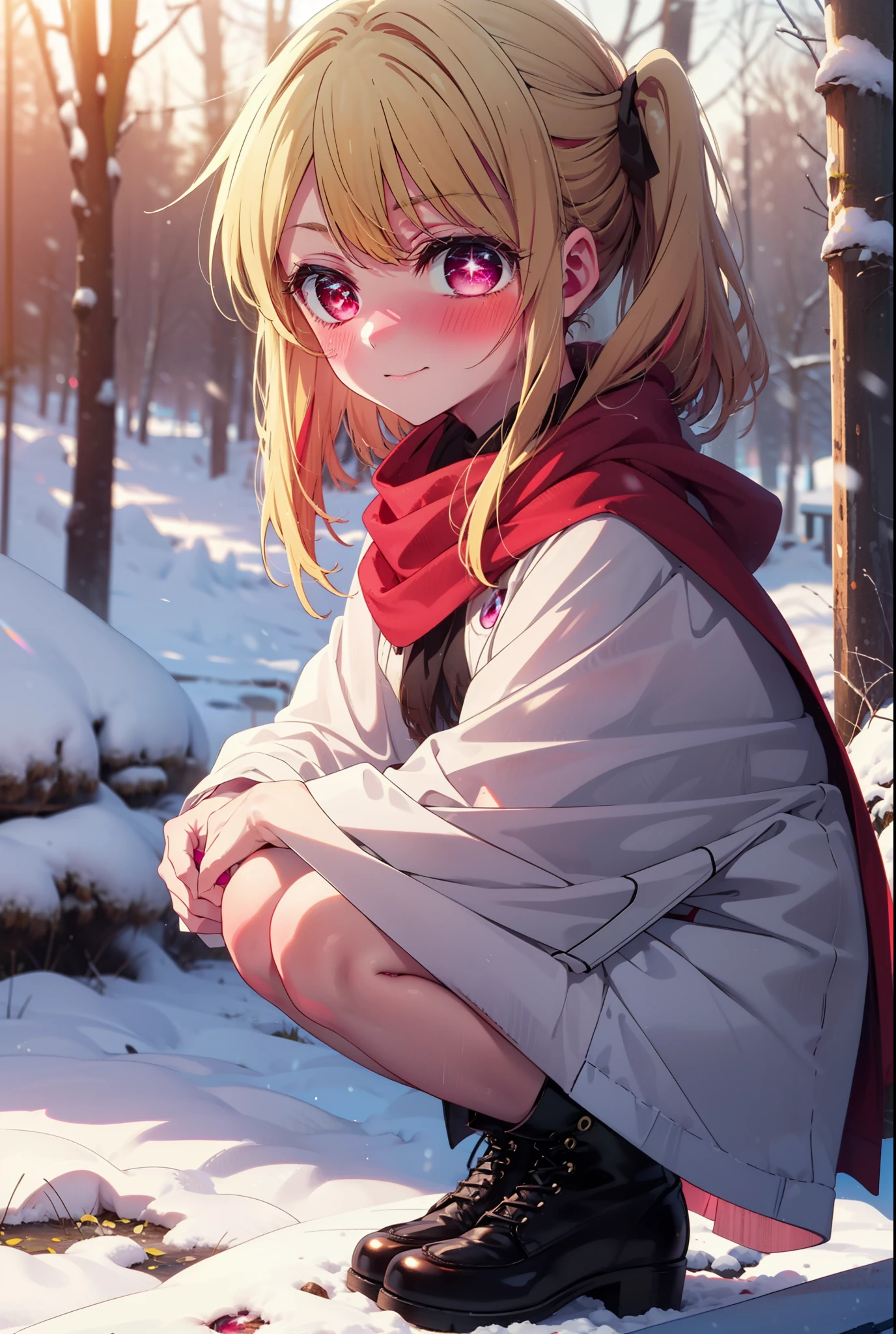 rubyhoshino, Hoshino Ruby, Long Hair, bangs, blonde, (Pink Eyes:1.3), Side Lock, (Symbol-shaped pupil:1.5), Multicolored Hair, Two-tone hair, smile,,smile,blush,white breath,
Open your mouth,snow,Ground bonfire, Outdoor, boots, snowing, From the side, wood, suitcase, Cape, Blurred, , forest, White handbag, nature,  Squat, Mouth closed, Cape, winter, Written boundary depth, Black shoes, red Cape break looking at viewer, Upper Body, whole body, break Outdoor, forest, nature, break (masterpiece:1.2), Highest quality, High resolution, unity 8k wallpaper, (shape:0.8), (Beautiful and beautiful eyes:1.6), Highly detailed face, Perfect lighting, Extremely detailed CG, (Perfect hands, Perfect ???????),