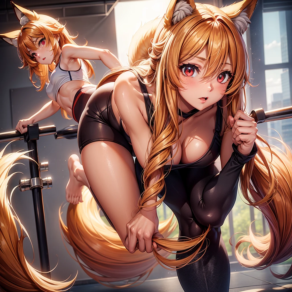 (masterpiece), best quality, expressive eyes, perfect face, fox girl, ((fluffy tail)), (working out), small top, yoga pants, red eyes, detailed eyes, perfect face, cameltoe,