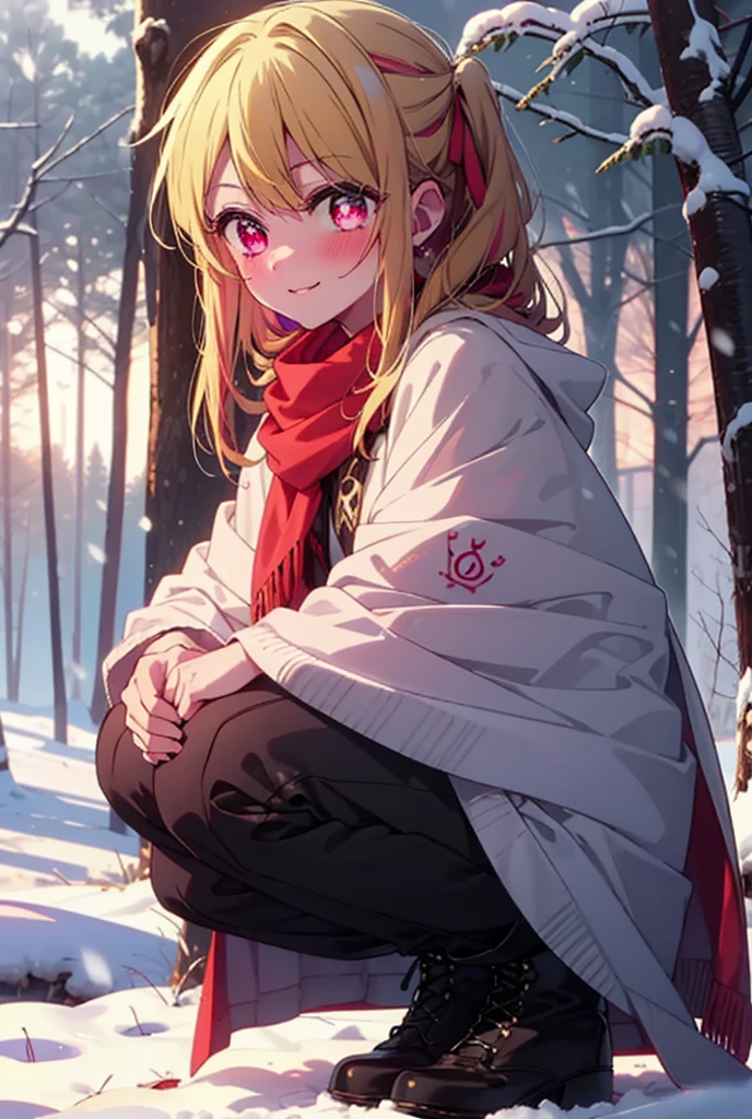 rubyhoshino, Hoshino Ruby, Long Hair, bangs, blonde, (Pink Eyes:1.3), Side Lock, (Symbol-shaped pupil:1.5), Multicolored Hair, Two-tone hair, smile,,smile,blush,white breath,
Open your mouth,snow,Ground bonfire, Outdoor, boots, snowing, From the side, wood, suitcase, Cape, Blurred, , forest, White handbag, nature, Squat, Mouth closed, Cape, winter, Written boundary depth, Black shoes, red Cape break looking at viewer, Upper Body, whole body, break Outdoor, forest, nature, break (masterpiece:1.2), Highest quality, High resolution, unity 8k wallpaper, (shape:0.8), (Beautiful and beautiful eyes:1.6), Highly detailed face, Perfect lighting, Extremely detailed CG, (Perfect hands, Perfect Anatomy),