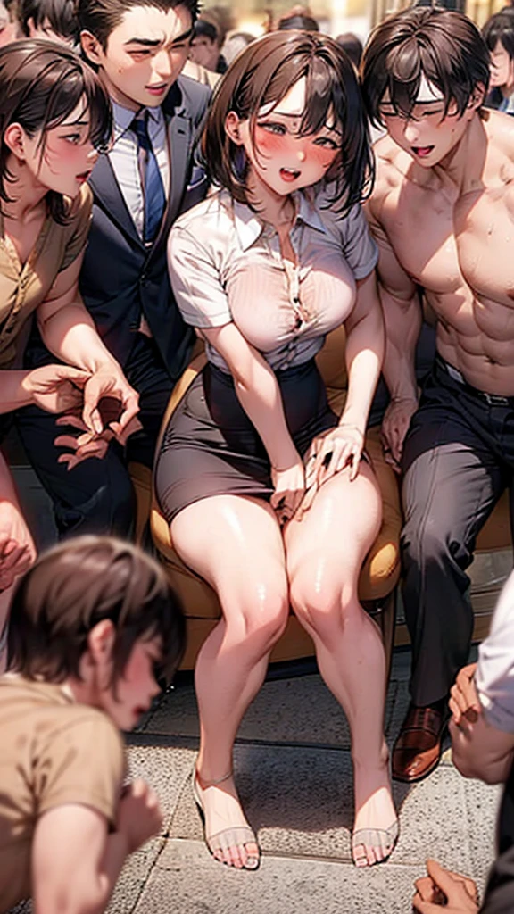 Crowd in the background,masterpiece,Highest quality,High resolution,Anatomically correct,business suit,Short Sleeve Button Down Shirt,Pencil Skirt,Sweat,barefoot,Glowing Skin,Ahegao,Forehead,Bob,ID card,vibrator,5 men:2.0,,Surrounded by men:2.0,smartphone