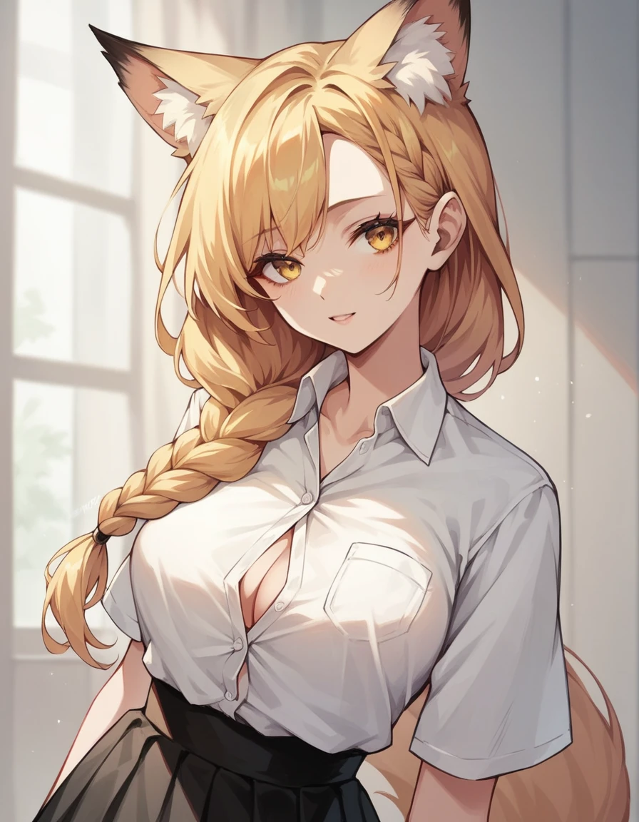 score_9,score_8_up,score_7_up, yellow anthro fox girl, long blonde hair, single braided hair, yellow eyes, , wearing white button up shirt, black skirt