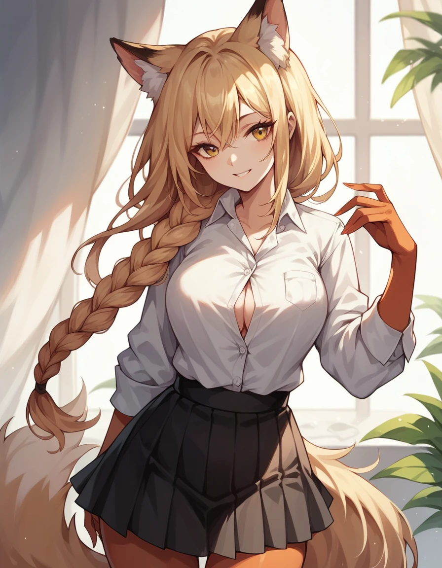 score_9,score_8_up,score_7_up, yellow anthro fox girl, long blonde hair, single braided hair, yellow eyes, , wearing white button up shirt, black skirt