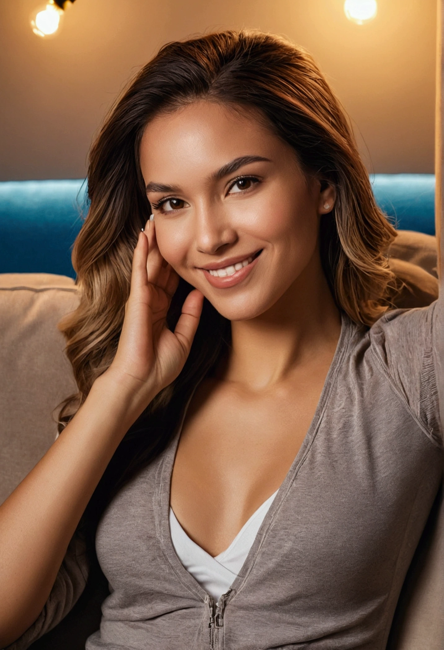 ((Best Quality)), ((artwork)), (detailed), perfect face, city, especially lights, bikini on the couch,a beautiful portrait of an attractive latin female model, 2020 style fashion photography., high resolution image, stylish female model 2020, female model with natural makeup look, female model wearing a casual outfit, female model in a relaxed pose, Female model with a warm smile, female model in a natural environment, female model surrounded by warm lighting, touching the right ear with the right hand, front view