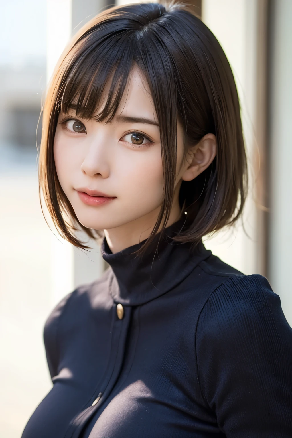 (masterpiece, Highest quality),One Girl, alone, hyper Realistic, Realistic,Realistic, Looking at the audience, Light brown eyes:1.4,Brunette Short Bob Hair with highly detailed shiny hair, Brightly colored winter clothes, Lepangas:1.4), Plein Air, Mouth closed, Upper Body、big chest eye、eyelash、{Hugeな|big chest|Hugeなな|Mega} chest:2, chestの谷間:2、{Huge|big|Hugeな|Mega} chest, chestの谷間、(((big chest eye、Short Bob Hair、Student Highlights、Gazing at the audience、She is very beautiful and cute、Listen carefully、Long neck、smile、Close your mouth and smile、Bangs and beautiful teeth、Perfect Anatomy)))、Ideal body type、（Snowy tree-lined road in winter in Norway）、美しいLong neck:1.4、