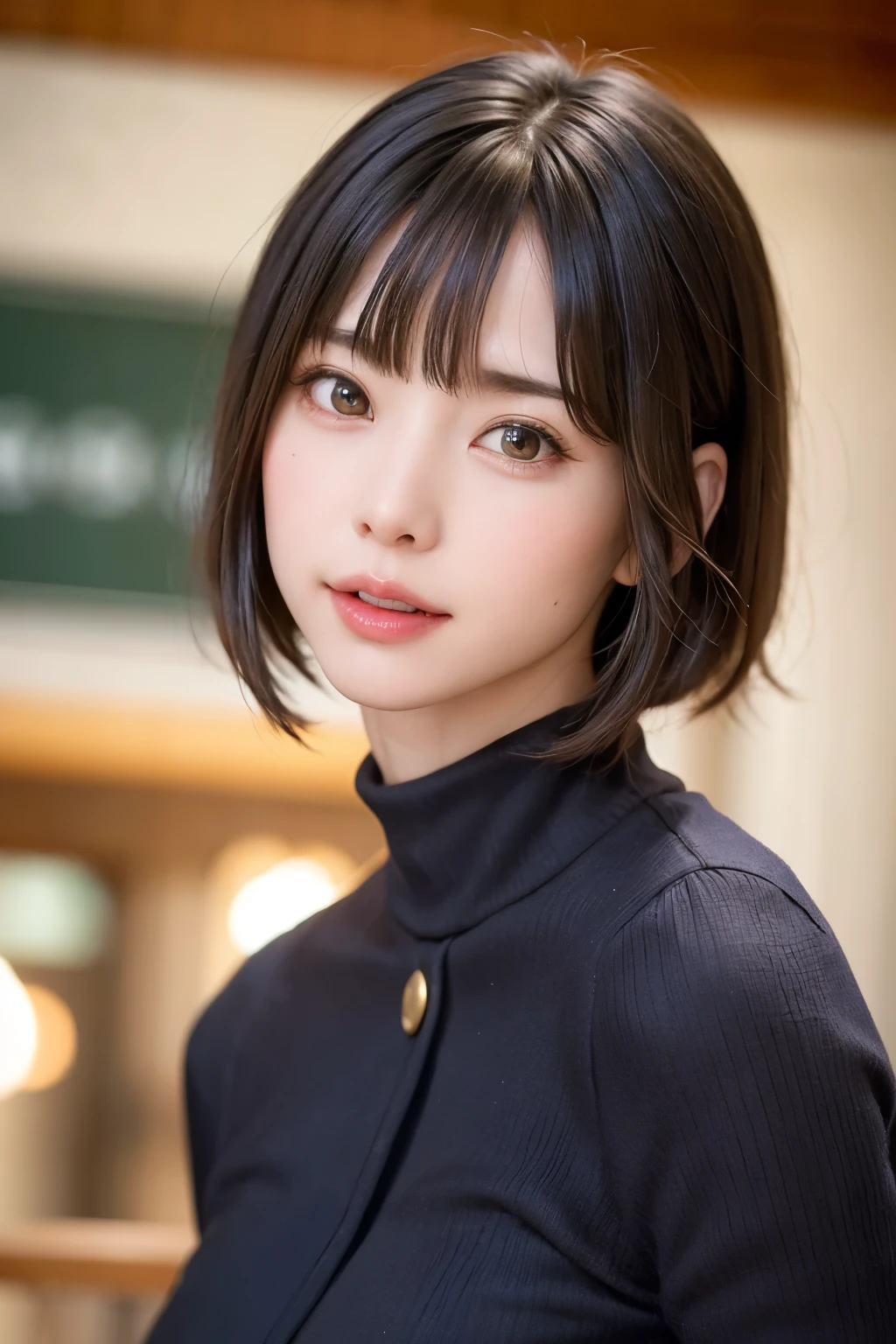 (masterpiece, Highest quality),One Girl, alone, hyper Realistic, Realistic,Realistic, Looking at the audience, Light brown eyes:1.4,Brunette Short Bob Hair with highly detailed shiny hair, Brightly colored winter clothes, Lepangas:1.4), Plein Air, Mouth closed, Upper Body、big chest eye、eyelash、{Hugeな|big chest|Hugeなな|Mega} chest:2, chestの谷間:2、{Huge|big|Hugeな|Mega} chest, chestの谷間、(((big chest eye、Short Bob Hair、Student Highlights、Gazing at the audience、She is very beautiful and cute、Listen carefully、Long neck、smile、Close your mouth and smile、Bangs and beautiful teeth、Perfect Anatomy)))、Ideal body type、（Snowy tree-lined road in winter in Norway）、美しいLong neck:1.4、