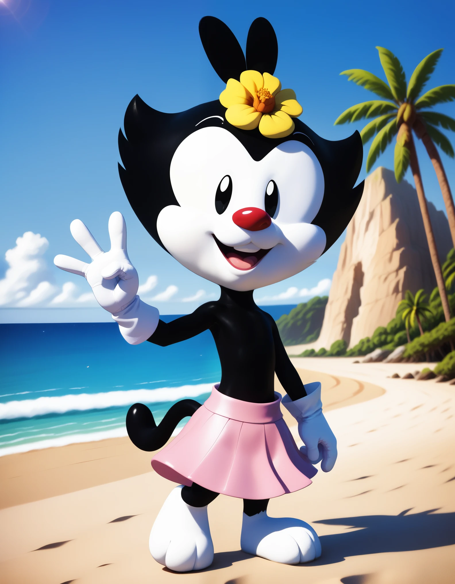 score_9, score_8_up, score_7_up, score_6_up, furry, solo, 1girl, animal ears, d0tw4n3r,, cub, dwarf, dotw, girl, flat chest, black body, black head, white cheeks, white legs, black ears, mouth open, black tail, white eyelids, black eyes, Red nose, white gloves, yellow flower on head, pink skirt, pink bra, standing on the beach, modest, naive, on the beach, masterpiece, detailed, detailed background, 8k, 4k, detailed shaders [best quality, shaded, extreme detail, highly detailed, ultradetailed, intricate, realistic], featureless chest