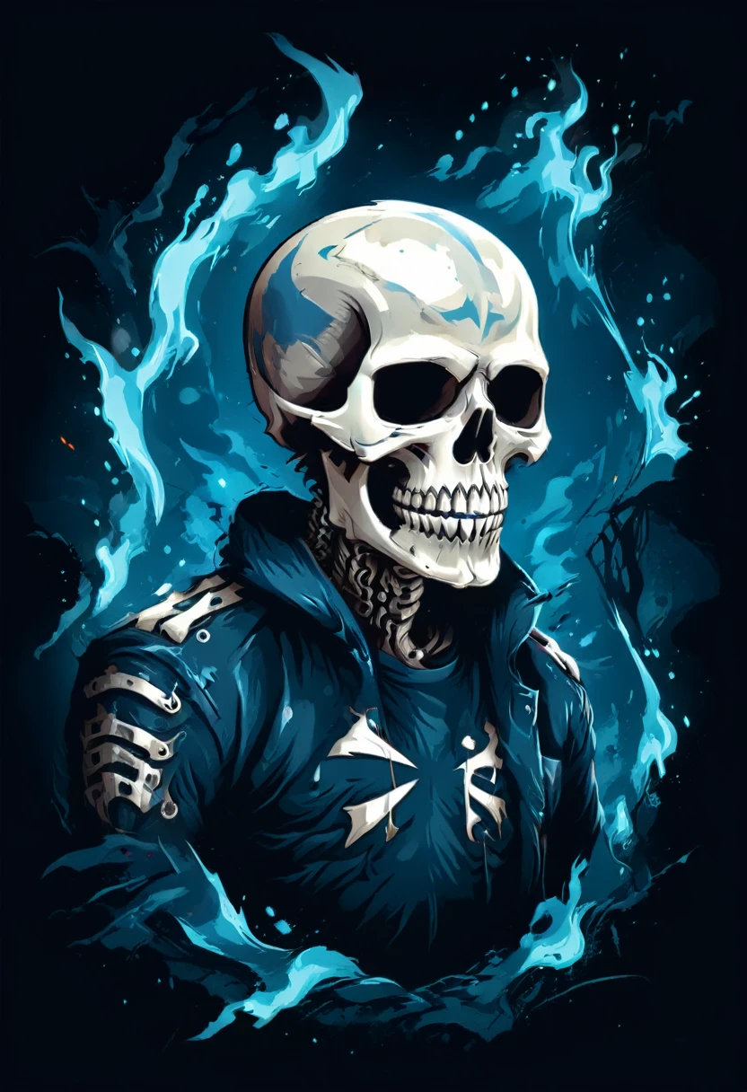 T-shirt Design Heavy Metal with Scary Skeleton and Pentagram and Blue Flames Background - Colored Illustration isolated on Black, Ve, t shirt design,robust style,just design,White background,no model,proffesional,hight contrast,high resolution,ultra detali,bright coloured,metallic details,sharp focus,Jumpy,dynamic composition,gritty texture,rough brushstrokes,Mechanical elements,Chrome Effect,classic typography,retro style,distressed look,aggressive lines and curves,3D rendering,impressive visual impact,dark shadows,strong brand presence,monochrome palette,Industrial aesthetics