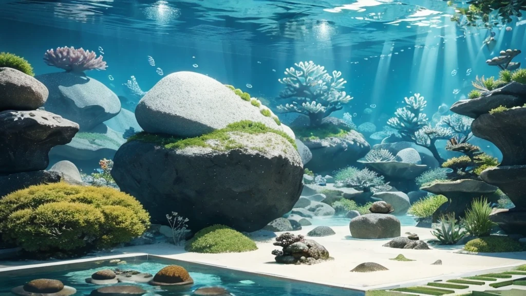 Zen garden under water:
"Underwater zen garden in minimalist anime style. Rocks and sand form undulating patterns on the seabed. Translucent koi fish swim slowly among bonsai-shaped corals. Bubbles rise creating silent melodies. Smooth and subtle animation style, reminiscent of 'The Red Tortoise'. Soft colors: turquoise blue, jade greens and pearl grays. Serene and meditative atmosphere, ideal for relaxing background music."