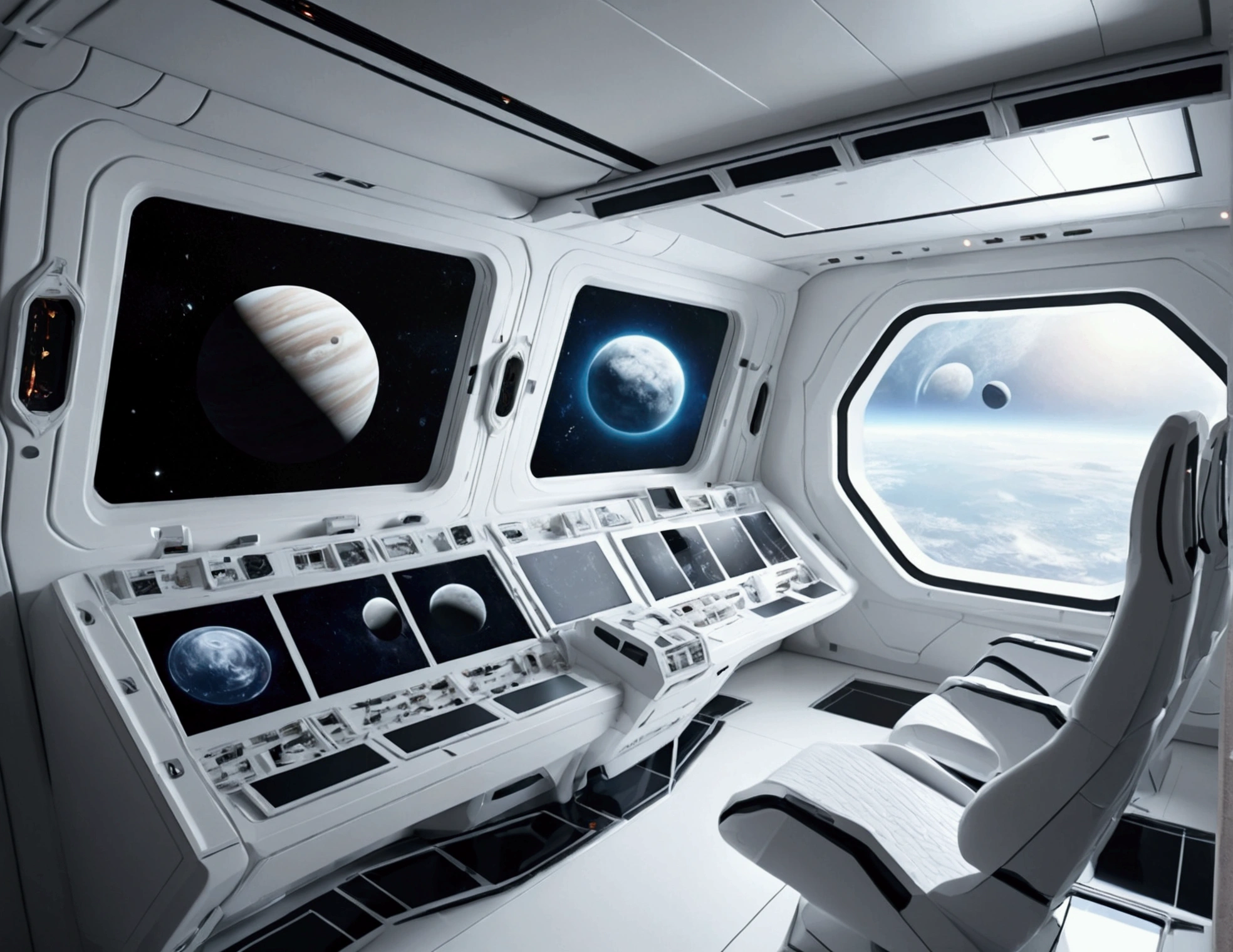 White，Spacecraft exterior. through the window, You can see the scenery of alien planets, The entire space is filled with work consoles with electronic devices and screens, Full HD
