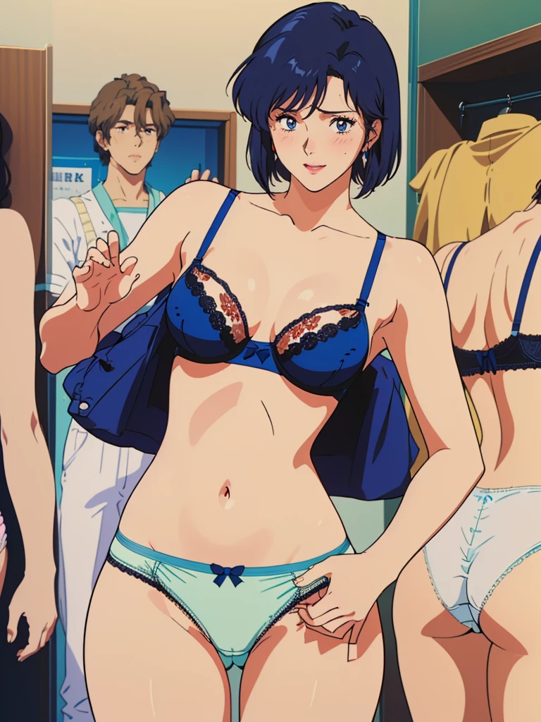 masterpiece, top quality, ultra detailed, (((((NOGAMI_SAEKO),bob cut, (SUMERAGI_AIKA), best anatomy, in underwear, (panties, elaborately designed luxury panties for adults, panties high definition images, draw panties with super precision), lace trimmed bra, extremely detailed texture, earrings, red lip, embarrassed, blush, smile)))), cowboy shot, (((underwear in dressing room))), white skin, (presenting panties), (display panties:1.5),holding panties with both hands