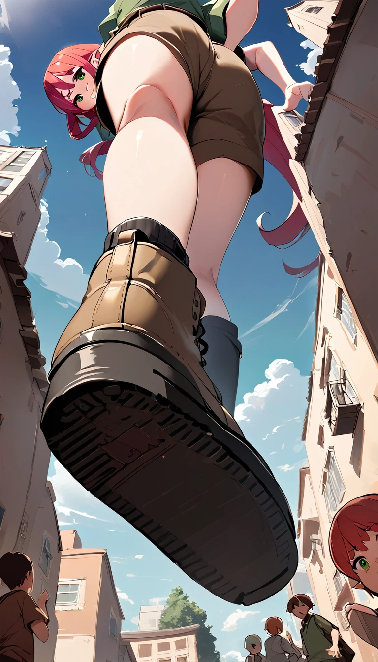 1 female elf with long red hair, emerald green eyes, green top and brown cargo shorts and black Doc Martens, trampling,(pov from below:1.3), stepped on, ass pov, low angle, feet, looking to the down, one foot out of frame, Leg raise, focus on the sole of her shoe, standing on one leg, Depth of field, plein-air,( foreshortening:1.2), facial blur, mischievous grin, tiny people running in fear, blurry face, building, citys, sky, nube, giantess, mega size, work of art, best qualityer, absurdly detailed