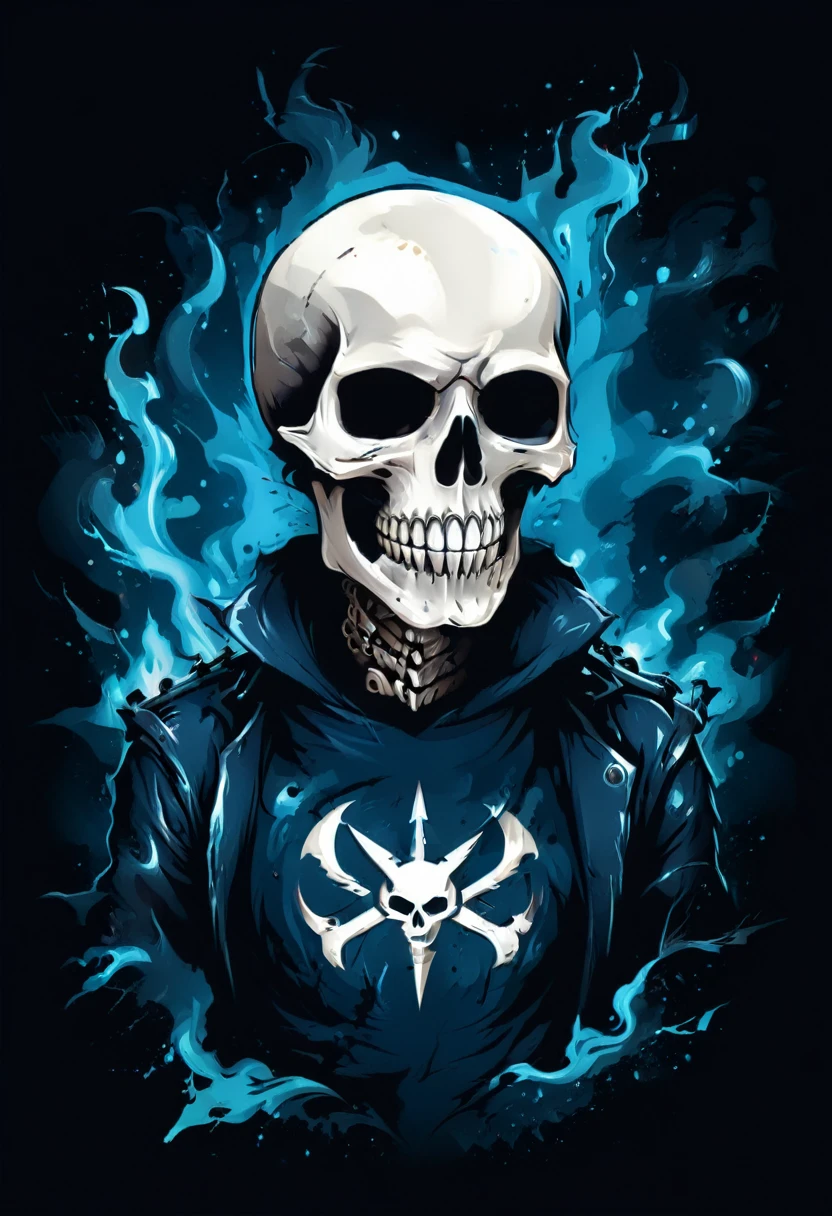 T-shirt Design Heavy Metal with Scary Skeleton and Pentagram and Blue Flames Background - Colored Illustration isolated on Black, Ve, t shirt design,robust style,just design,White background,no model,proffesional,hight contrast,high resolution,ultra detali,bright coloured,metallic details,sharp focus,Jumpy,dynamic composition,gritty texture,rough brushstrokes,Mechanical elements,Chrome Effect,classic typography,retro style,distressed look,aggressive lines and curves,3D rendering,impressive visual impact,dark shadows,strong brand presence,monochrome palette,Industrial aesthetics