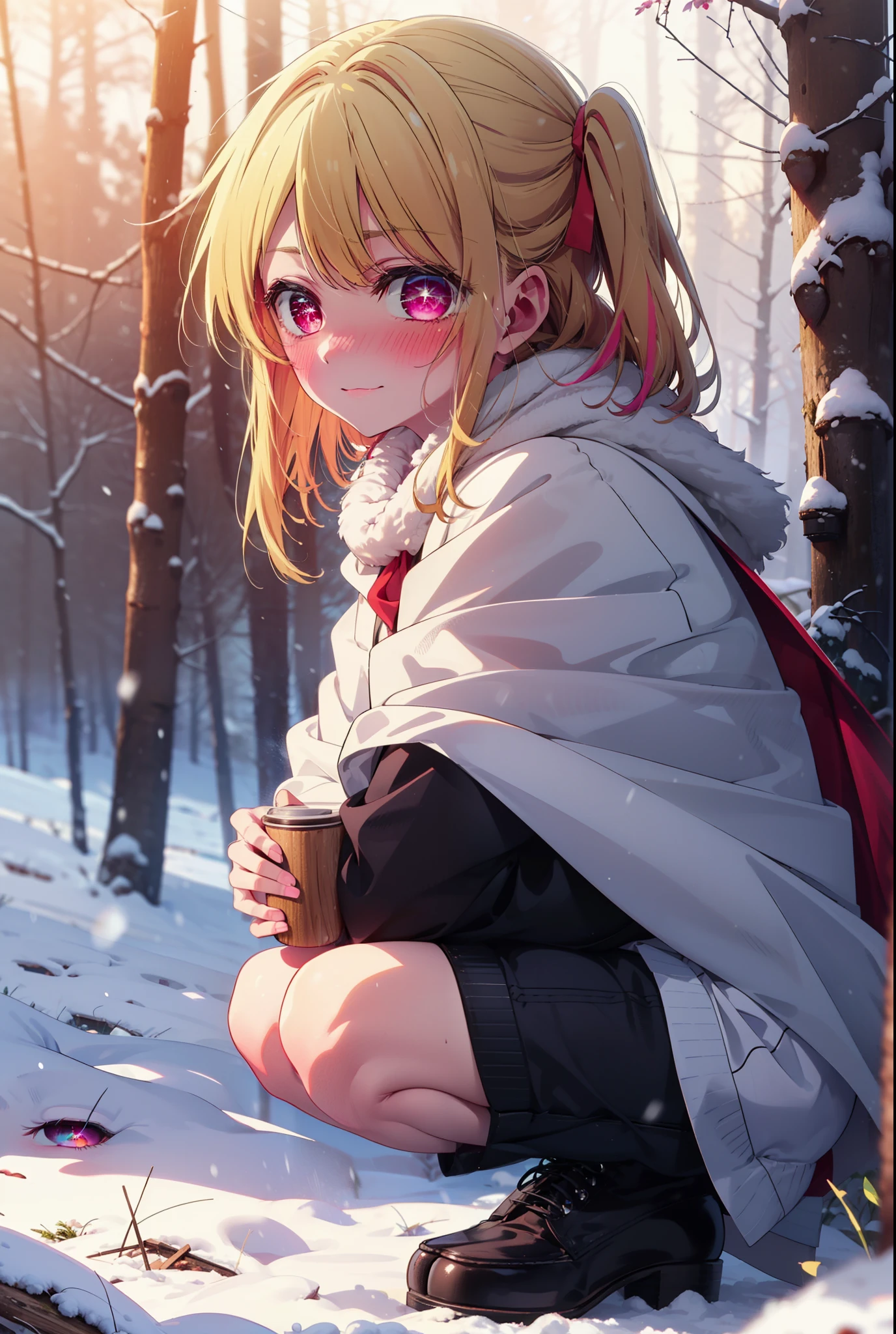 rubyhoshino, Hoshino Ruby, Long Hair, bangs, blonde, (Pink Eyes:1.3), Side Lock, (Symbol-shaped pupil:1.5), Multicolored Hair, Two-tone hair, smile,,smile,blush,white breath,
Open your mouth,snow,Ground bonfire, Outdoor, boots, snowing, From the side, wood, suitcase, Cape, Blurred, , forest, White handbag, nature, Squat, Mouth closed, Cape, winter, Written boundary depth, Black shoes, red Cape break looking at viewer, Upper Body, whole body, break Outdoor, forest, nature, break (masterpiece:1.2), Highest quality, High resolution, unity 8k wallpaper, (shape:0.8), (Beautiful and beautiful eyes:1.6), Highly detailed face, Perfect lighting, Extremely detailed CG, (Perfect hands, Perfect Anatomy),