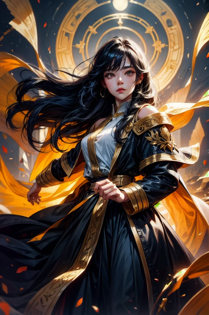 (absurdres, highres, ultra detailed), clean detailed anime art, 1woman, black hair, long hair, golden eyes, white skin, monk costume, night,