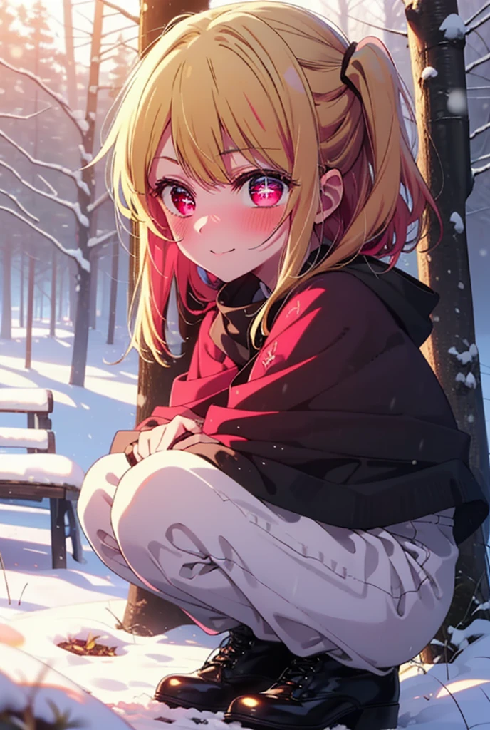 rubyhoshino, Hoshino Ruby, Long Hair, bangs, blonde, (Pink Eyes:1.3), Side Lock, (Symbol-shaped pupil:1.5), Multicolored Hair, Two-tone hair, smile,,smile,blush,white breath,
Open your mouth,snow,Ground bonfire, Outdoor, boots, snowing, From the side, wood, suitcase, Cape, Blurred, , forest, White handbag, nature,  Squat, Mouth closed, Cape, winter, Written boundary depth, Black shoes, red Cape break looking at viewer, Upper Body, whole body, break Outdoor, forest, nature, break (masterpiece:1.2), Highest quality, High resolution, unity 8k wallpaper, (shape:0.8), (Beautiful and beautiful eyes:1.6), Highly detailed face, Perfect lighting, Extremely detailed CG, (Perfect hands, Perfect ???????),