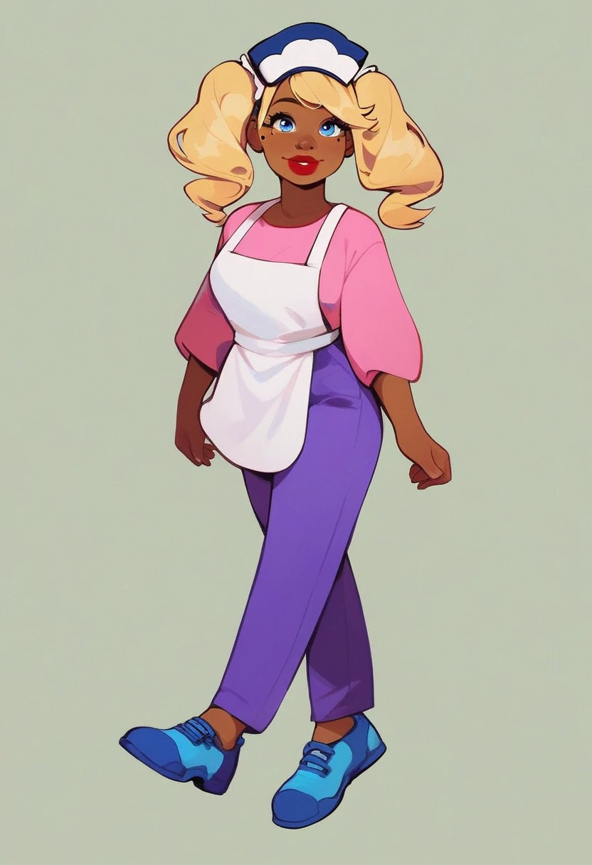barbara, 1girl, full body, solo, blue eyeshadows, blue eyes, red lipstick, big red lips, grey puffy hair, pink shirt with a white apron, purple pants, blue shoes, semi dark skin, mole on right cheek