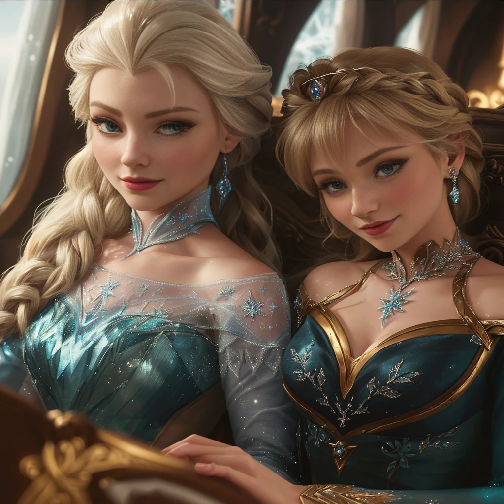 two women in dresses sitting next to each other on a couch, 8k)), disney art style, frozen ii movie still, elsa, portrait of elsa of arendelle, art in the style of disney, in style of disney animation, beautiful elsa, elsa frozen, frozen ii klaus film, 8k high quality detailed art, animated film, frozen, stunning art style