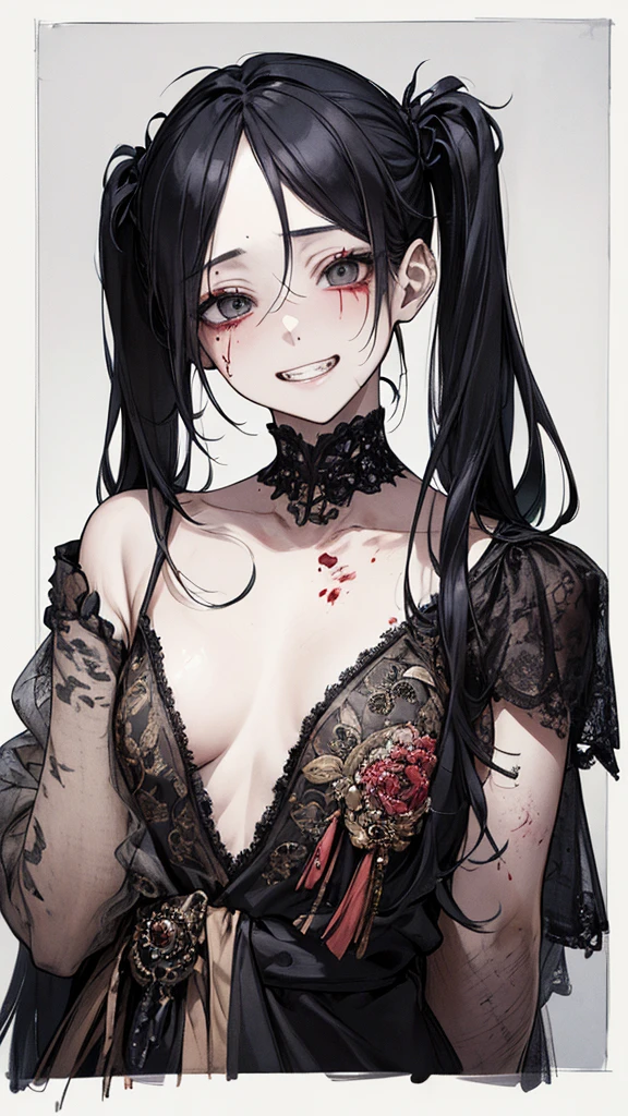 (masterpiece:1.2, Highest quality), (Actual Photos, Intricate details), (1 female, alone, Small breasts) ,Distorted facial expressions、Blood splatter、Cuts on the face、burns on the face、whole body、Punk Fashion、Long Hair、Long Bangs、Twin tails、Black Hair、(((Dark circles under the eyes)))、Pale skin、Pathological、Wicked Smile、Crazy Eyes、(Grin)Dramatic makeup,Create mixed media art、White Background