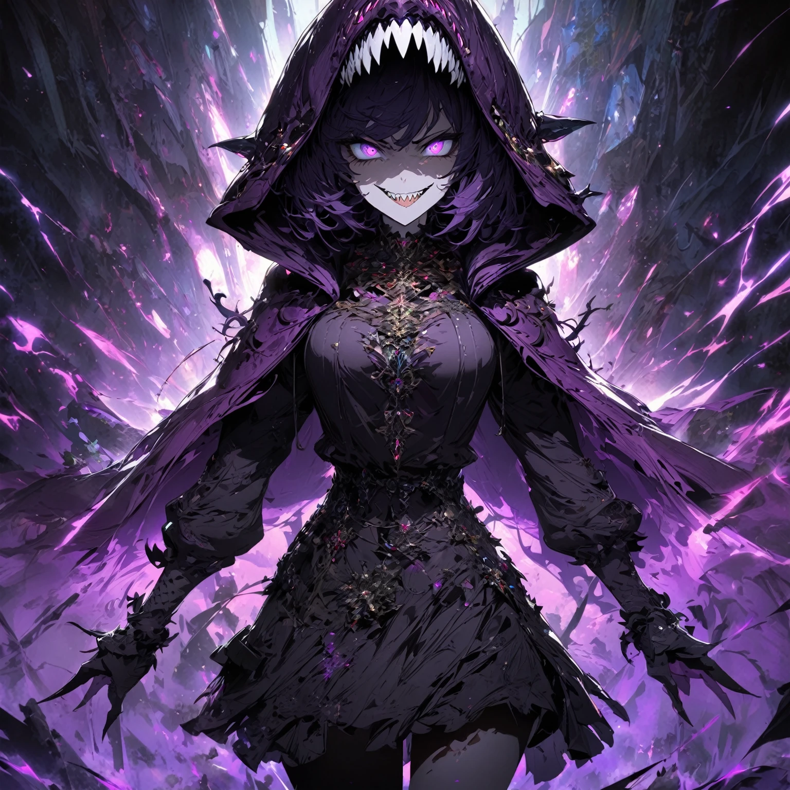 A Lady wearing a shadowy, gaseous purple cape, dressed in a unique casual outfit. She is in a background that complements her outfit theme. She strikes a unique pose that suits her character. Her facial expression is an evil grin: narrowed or gleaming eyes, wide sinister grin, showing sharp teeth. (nude:0.8), sharp teeth, detailed gorgeous face| anime style| key visual| intricate detail| highly detailed| breathtaking| vibrant| panoramic| cinematic| Carne Griffiths| Conrad Roset| gibbli 8k,