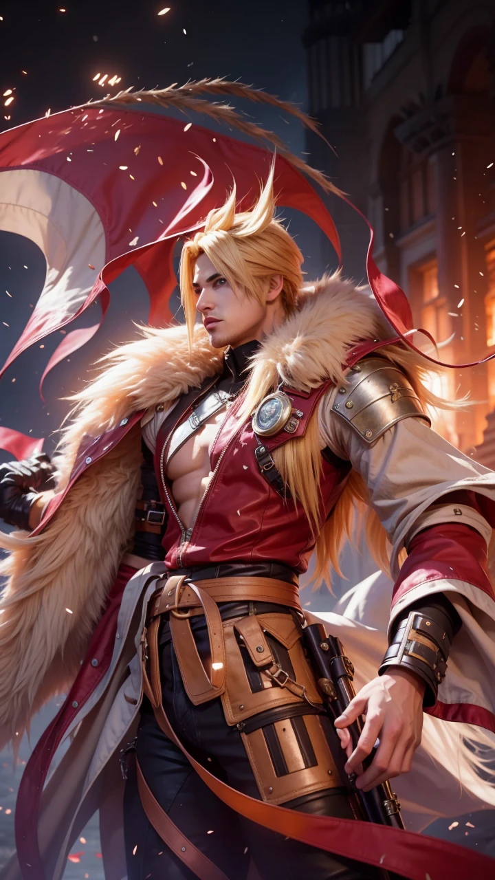 a detailed digital art of cloud strife from final fantasy vii remake, high quality detailed portrait, beautiful detailed eyes, beautiful detailed lips, extremely detailed face and red hair, longeyelashes, dramatic lighting, cinematic composition, vibrant colors, intricate details, masterpiece, 8k, hyper realistic, photorealistic, 3d render, volumetric lighting, glossy skin, depth of field, chiaroscuro lighting, dramatic shadows, moody atmosphere