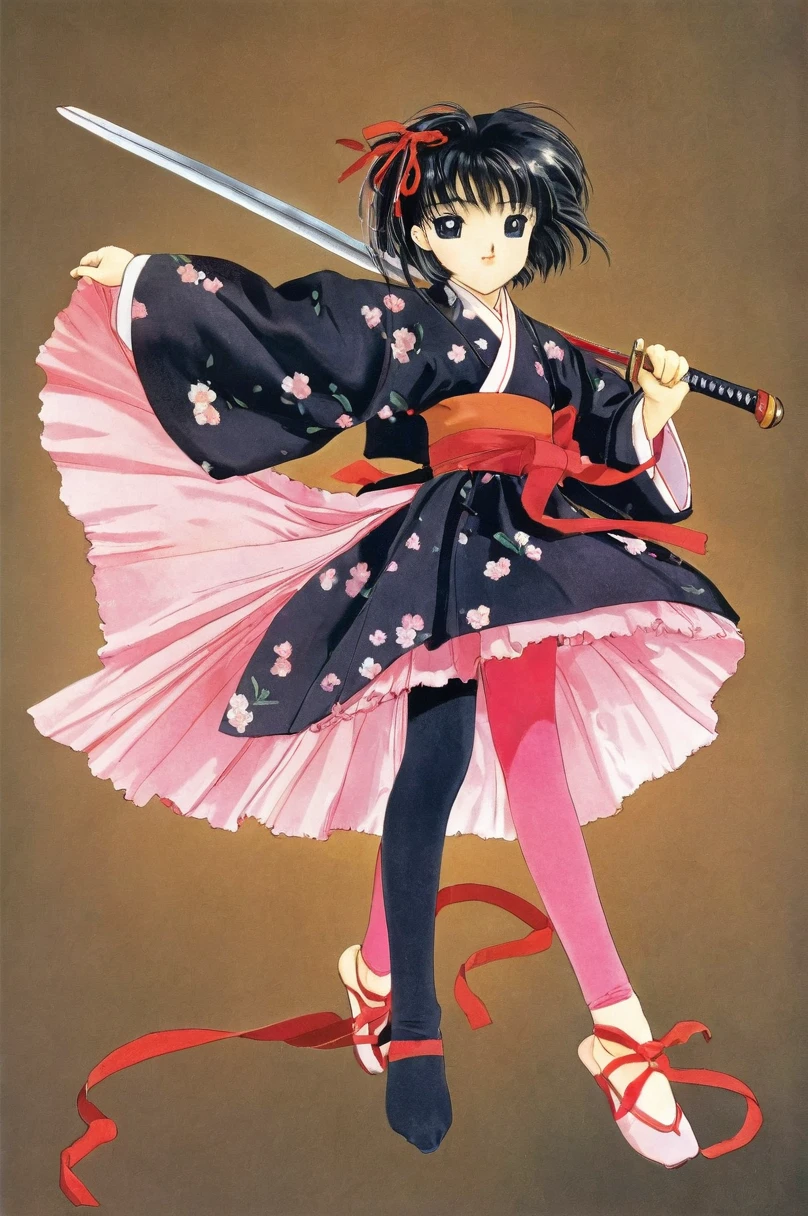 girl underwear, sakura shinguuji、Realistic bloomers made from patterned cotton fabric, Kimono and Hakama, Fabric Realism, Low Angle, I see bloomers, Pull up the dress by hand, Strong winds, Translucent slip, Translucent slip, tights, Highest quality, whole body、Black Hair、Holding a sword、Big ribbon in hair