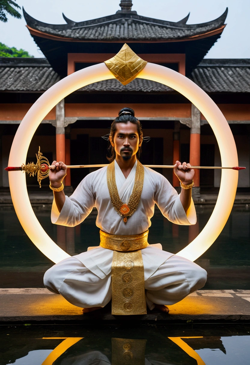 warrior from Madukara, handsome, dashing, sturdy, with long black hair tied in a bun on top of his head. wearing a white cloth draped over her shoulders flowing to her waist and clad in gold accessories, squatting facing the camera in a dramatic archery pose, holding a large gold bow with a glowing arrow at the tip, raised upwards and pressed against her forehead (praying). The man poses with one leg bent upwards and one foot on the floor. Below it is a circle of water or portal that glows with bright colors, and inside it you can see koi fish. The background is a multi-storey building typical of Javanese architecture which is shrouded in mist, creating a mystical and calm atmosphere.