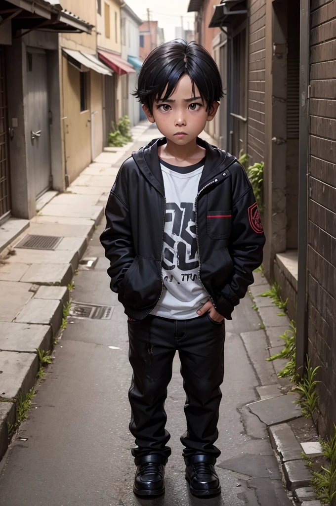 young boy, , hidden in an alley, wearing dirty clothes, black hair, threatening eyes, dark alley