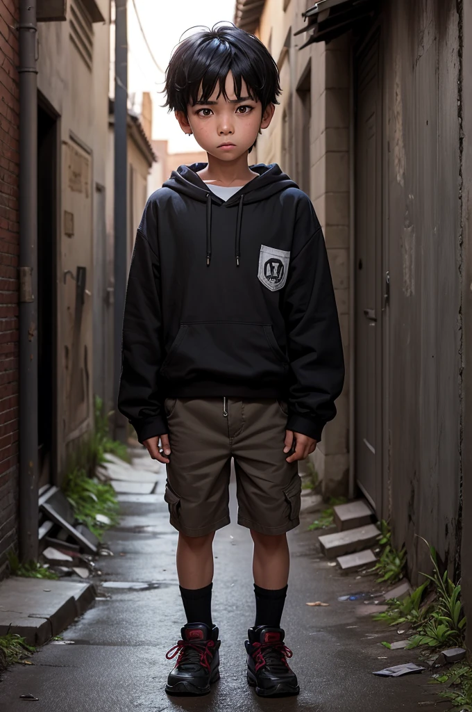young boy, , hidden in an alley, wearing dirty clothes, black hair, threatening eyes, dark alley