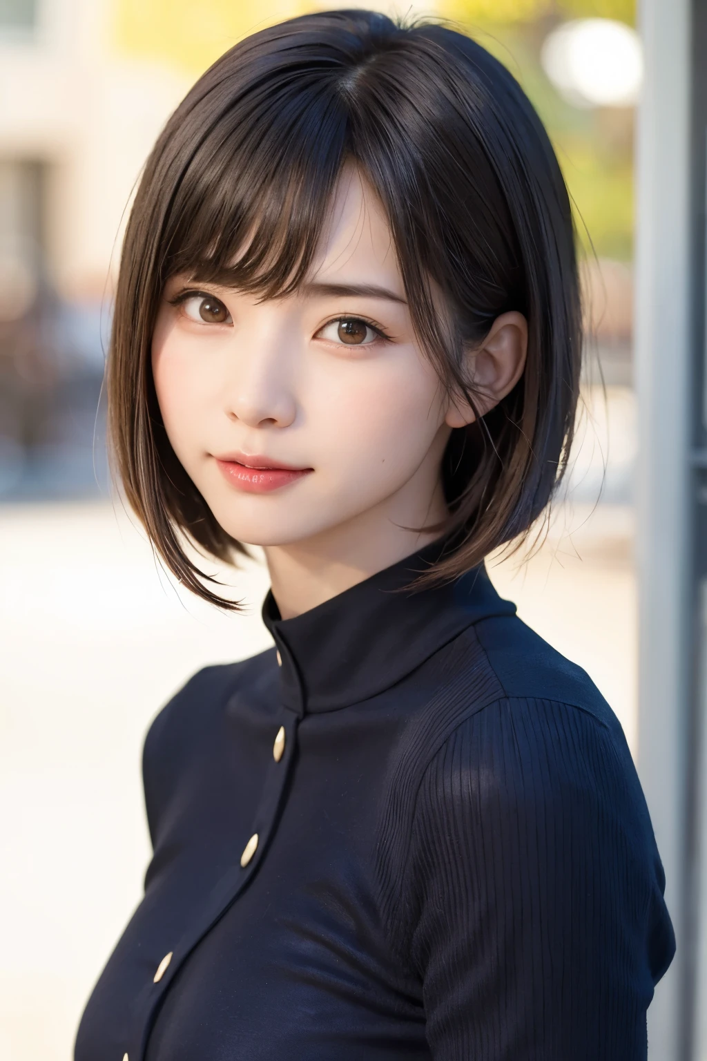 (masterpiece, Highest quality),One Girl, alone, hyper Realistic, Realistic,Realistic, Looking at the audience, Light brown eyes:1.4,Brunette Short Bob Hair with highly detailed shiny hair, Brightly colored winter clothes, Lepangas:1.4), Plein Air, Mouth closed, Upper Body、big chest eye、eyelash、{Hugeな|big chest|Hugeなな|Mega} chest:2, chestの谷間:2、{Huge|big|Hugeな|Mega} chest, chestの谷間、(((big chest eye、Short Bob Hair、Student Highlights、Gazing at the audience、She is very beautiful and cute、Listen carefully、Long neck、smile、Close your mouth and smile、Bangs and beautiful teeth、Perfect Anatomy)))、Ideal body type、(Snowy tree-lined road in winter in Norway)、美しいLong neck:1.4、