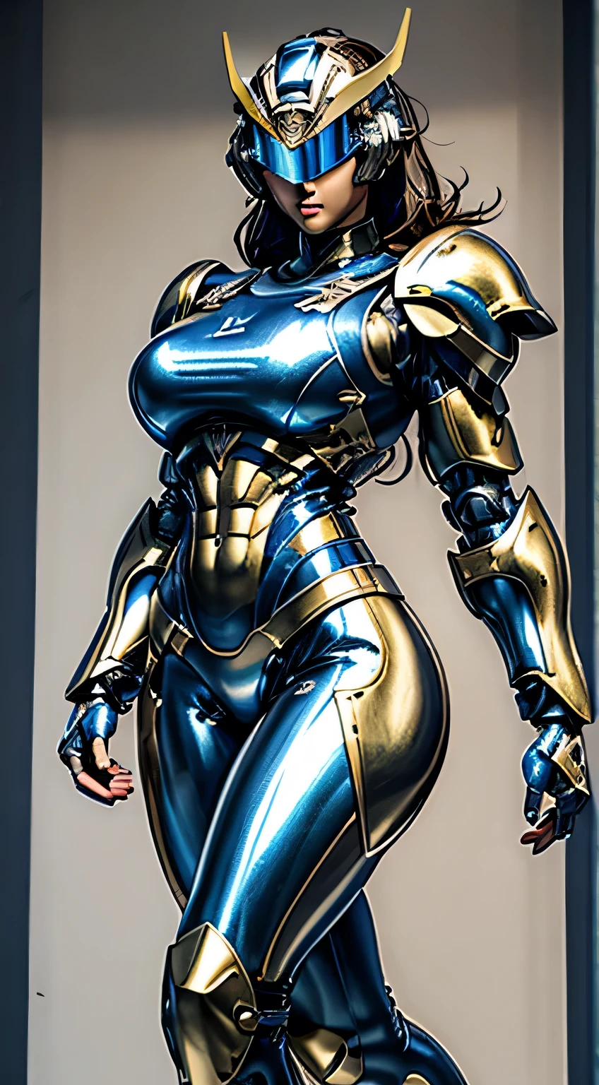 Female Robocop Solo、Bright outdoors、strong light source、8k, high quality, masterpiece, 最high quality, Crisp contrast、Very detailed、Full body armor、Very large armor、Helmet covering the head、Clear photos、The eyes are hidden by thin, translucent straight goggles.:1.3、The lower half of the face is raw々Shii:1.5、The lower half of the face is exposed、Seductive lips、Navy blue metallic armor、Cream-colored accents、Armor that completely covers the chest、Long, slender legs、Vibrant Posselo Body View,Big and ample breasts:1.5, (Sports Body:1.5)、Five Fingers、Hold a handgun、In the city