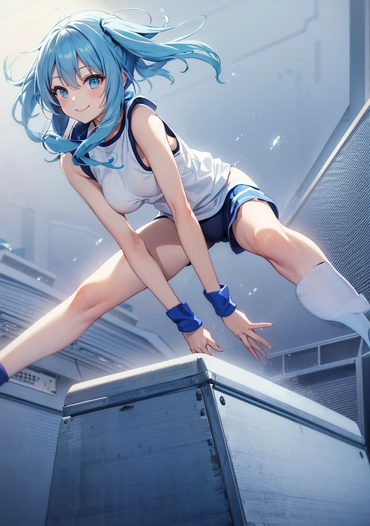 A beautiful girl with long light blue hair and twin tails, Wear gym clothes, Jumping on a vaulting box. Bright smile