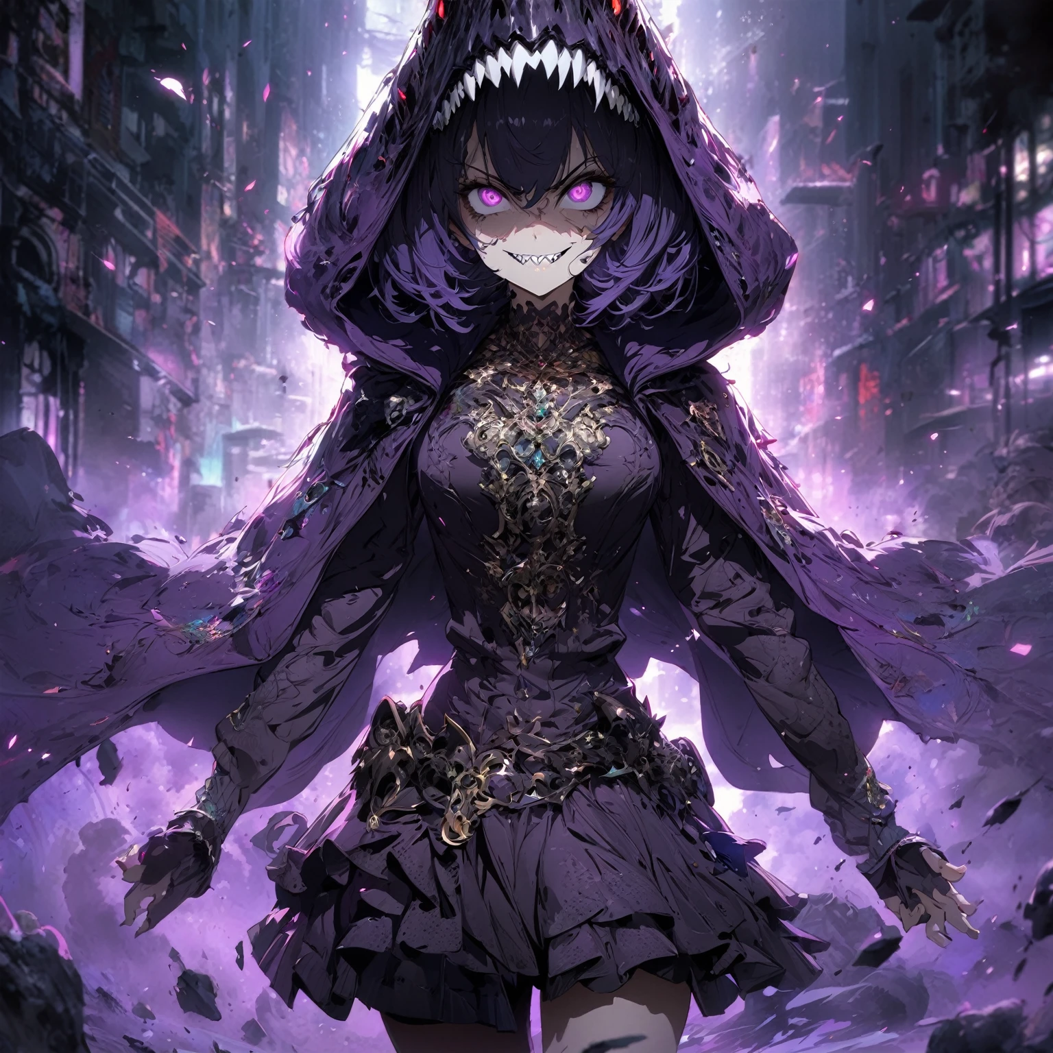 A Lady wearing a shadowy, gaseous purple cape, dressed in a unique casual outfit. She is in a background that complements her outfit theme. She strikes a unique pose that suits her character. Her facial expression is an evil grin: narrowed or gleaming eyes, wide sinister grin, showing sharp teeth. (nude:0.8), sharp teeth, detailed gorgeous face| anime style| key visual| intricate detail| highly detailed| breathtaking| vibrant| panoramic| cinematic| Carne Griffiths| Conrad Roset| gibbli 8k,