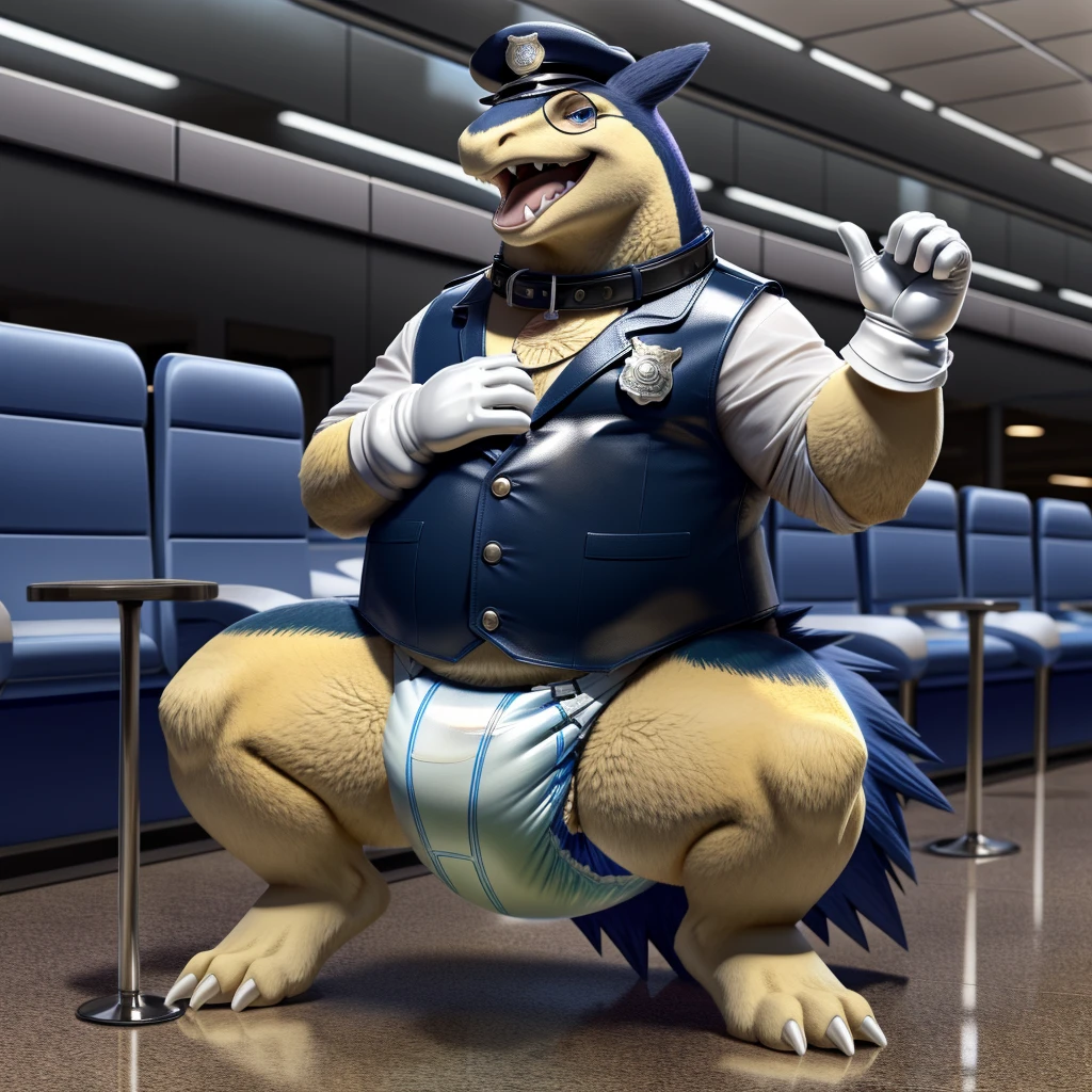 Solo, Male, fat, squatting, extremely obese, gentleman, dapper Typhlosion, pooping in diaper, blue eyes, (soft shading), 4k, hi res, ((detailed face, detailed)), looking at viewer, evil grin, Airport, TSA, TSA Uniform, collared shirt with buttons, hat, male focus, Police Uniform, glasses, monocle, vest with buttons, sleeves rolled up, round eyewear, headwear, vest, Typhlosion is wearing a glossy leather dog collar around the neck, Typhlosion is wearing the leather collar and shirt and vest at the same time, Typhlosion is wearing glossy white rubber gloves on the hands, wearing white rubber gloves on the feet, gloves are rubber in texture, mouth wide open, evil laugh, rubbing diaper with hands, leather collar is glossy and shiny with a lot of detail, Typhlosion is wearing gloves and leather collar at the same time, leather collar has a round dog-tag, leather collar is thick and detailed, white rubber gloves on the feet, Typhlosion is wearing gloves and leather collar at the same time, leather collar has a round dog-tag, leather collar is thick and detailed, leather collar is glossy and shiny, fancy clothing, dapper vest, dapper shirt, leather collar is thick, glossy leather collar, Typhlosion is wearing a dirty diaper, hands inside diaper taking poop out.