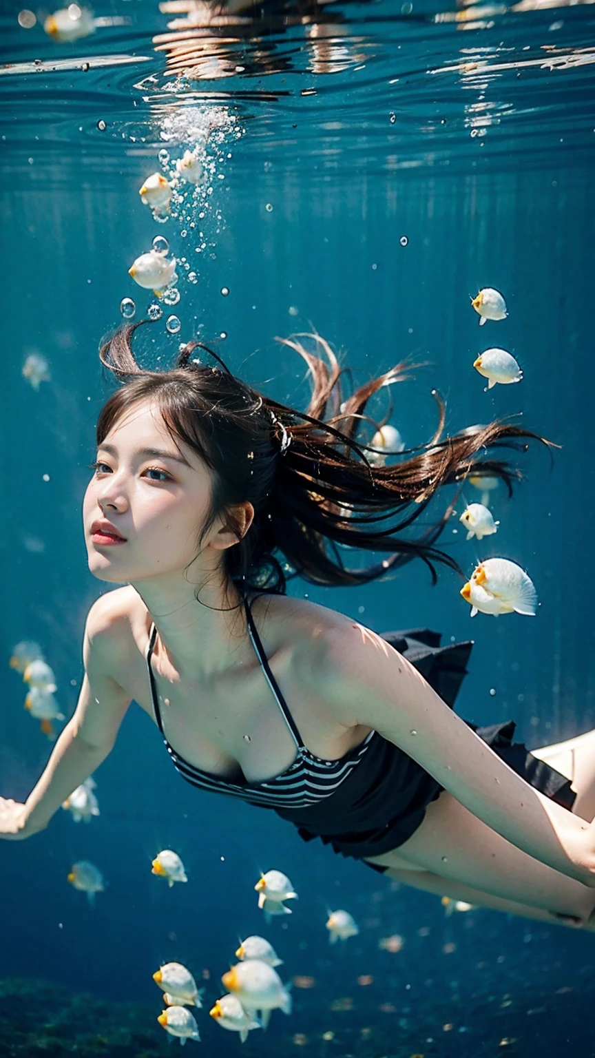 (8k、RAW Photos、Highest quality、masterpiece:1.2)、(Realistic、Realistic)、1 Girl、((In the water、The bottom of the dark sea、Drifting in the water、Close ~ eyeini skirt、diving、whole body、Drowning、spit out bubbles))、cute