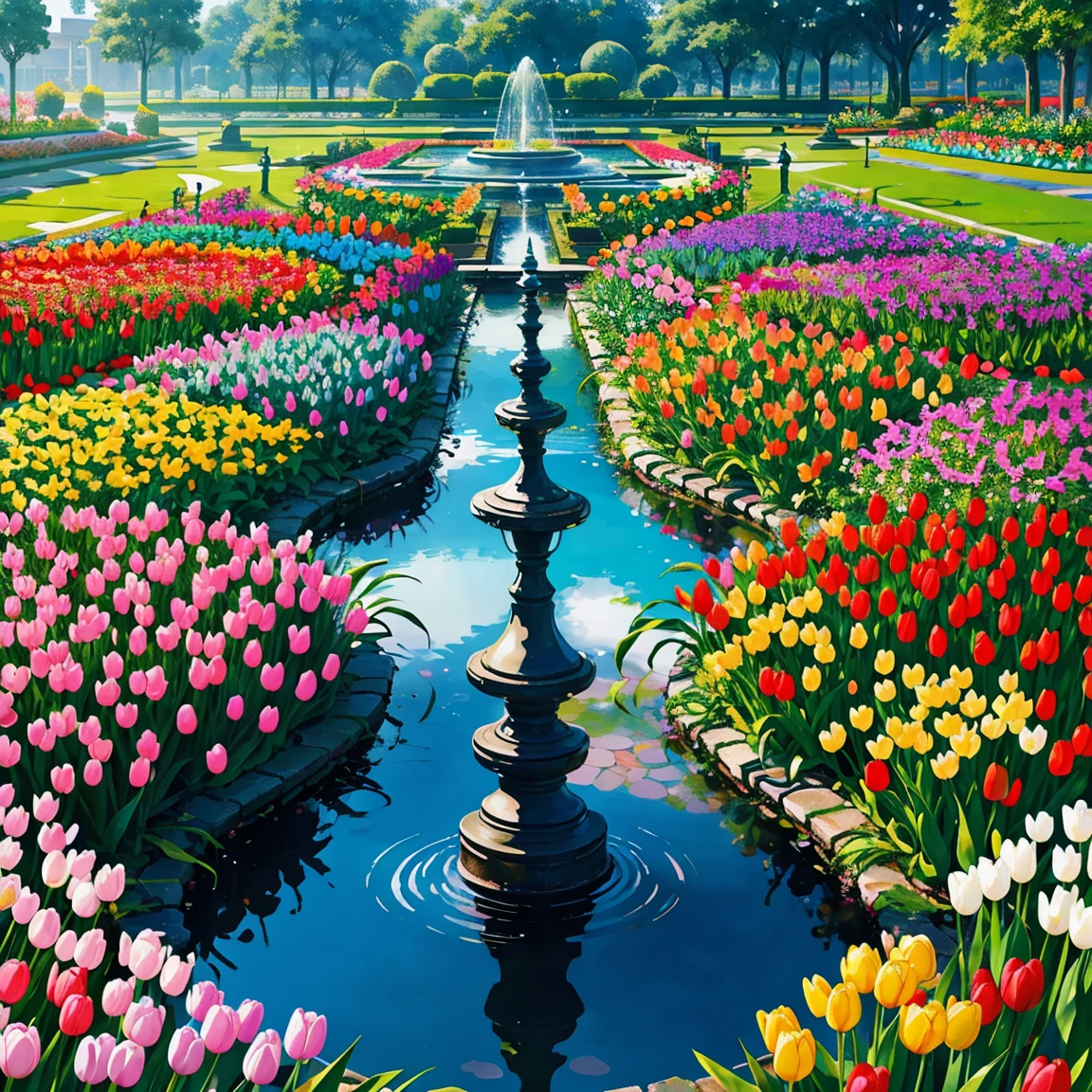 (Photorealistic)、 An elaborate botanical garden:1.5，highest quality, masterpiece l(1.4), (Vibrant and colorful flower fields,),A large fountain in the center,Gentle white sidewalk,(Colorful tulips,), , With soft brushstrokes and pastel colors. 