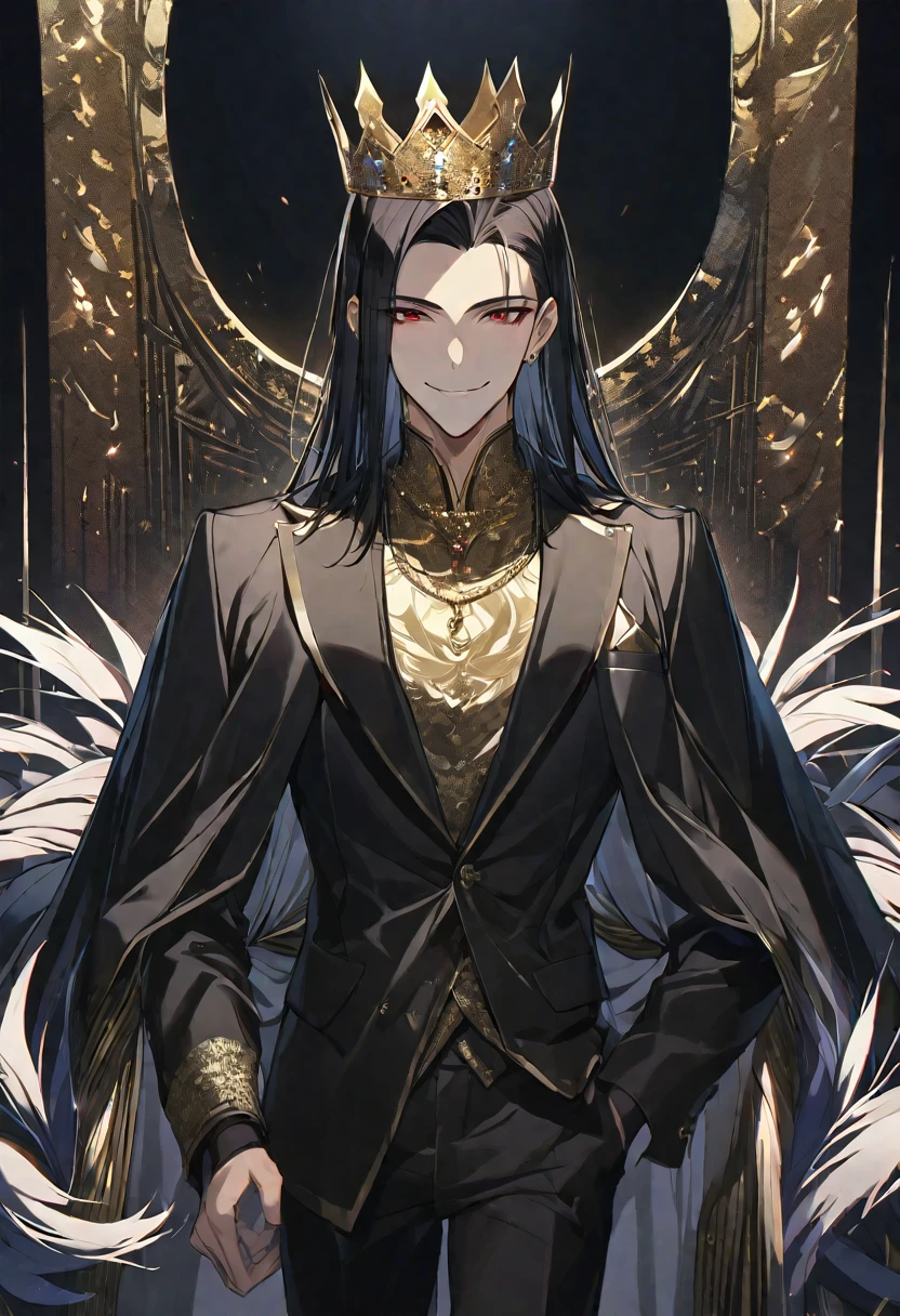 alone,good looking,
1. male,
bangs,Straight hair,Bob Hair, ,
Black Hair,
Satoru Gojo ,
Red eyes,
beautiful,Sexy,darkness,Gold Necklace,
Black suit ,smile,King,crown,Slender,
Black Background ,High resolution,