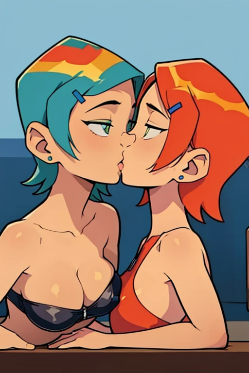 two lesbians share a kiss, tits