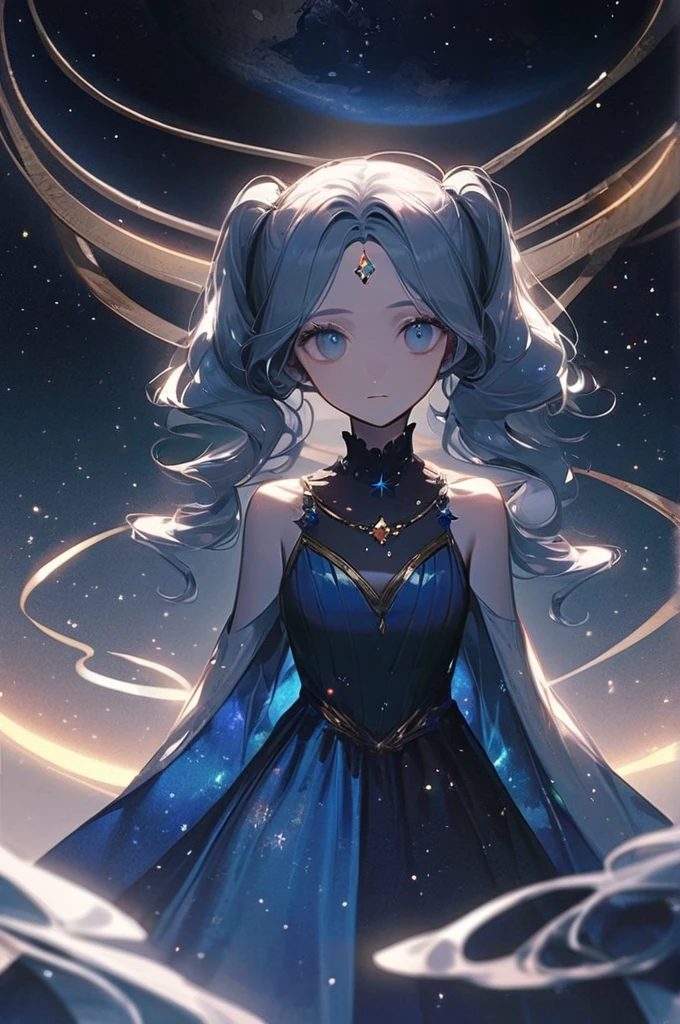((Лучшее качество)), ((шедевр)), (подробный), a girl with big gray eyes in half of her face. There is a grey crown on his head. the dress is cosmic . She's a princess. The skin is blue. Her hair is long and white, with lots of pigtails. Behind the planet, stars, space