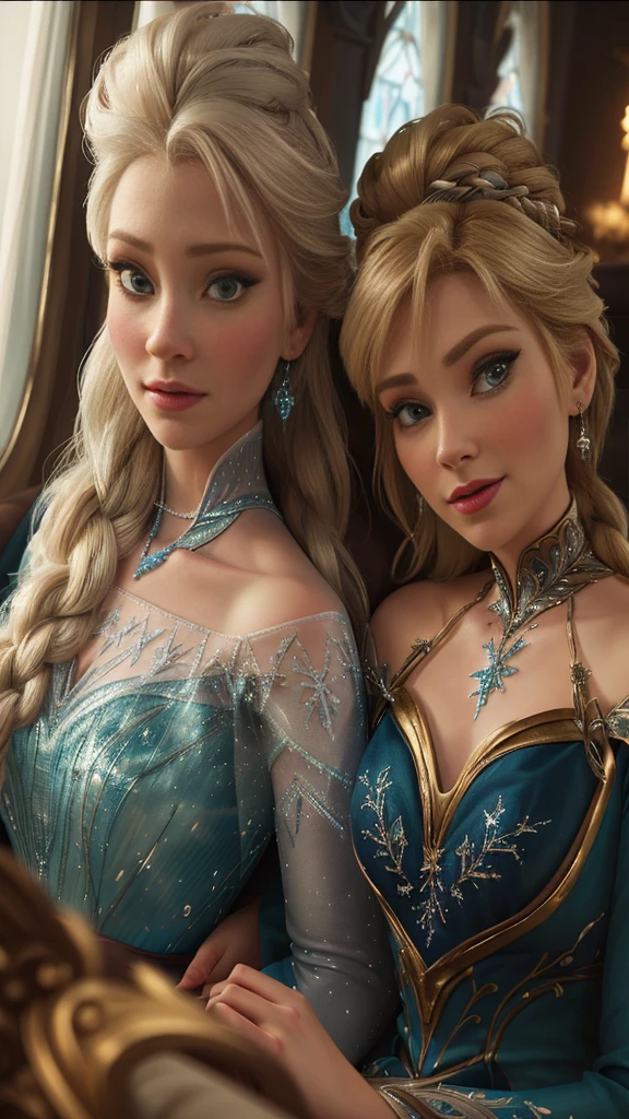 two women in dresses sitting next to each other on a couch, 8k)), disney art style, frozen ii movie still, elsa, portrait of elsa of arendelle, art in the style of disney, in style of disney animation, beautiful elsa, elsa frozen, frozen ii klaus film, 8k high quality detailed art, animated film, frozen, stunning art style
