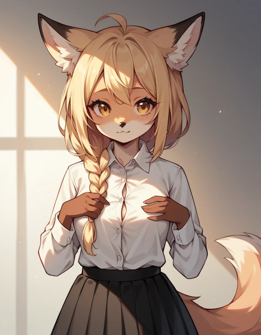 score_9,score_8_up,score_7_up, Anthro, light yellow anthro furry fox girl, young cute fox girl, long blonde hair, single braided hair, yellow eyes, snout, black nose, blonde furry body, fox ears and tail, wearing white button up shirt, black skirt