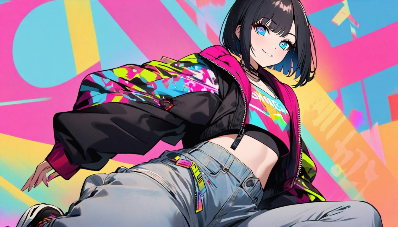 one Beautiful girl, solo, gentle smile on her face flat chest, short hair, black hair, blue eyes, (detailed eyes),Urban Fashion,Streetwear , Vibe,Colorful Clothing,Casual Pose,Bold Accessories,Graphic Jacket,High-waisted Pants,Sneaker