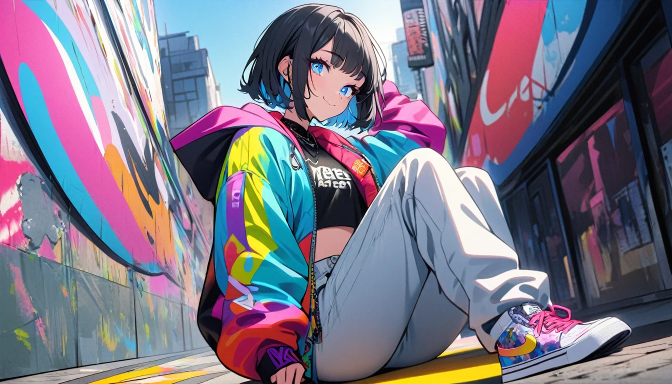 one Beautiful girl, solo, gentle smile on her face flat chest, short hair, black hair, blue eyes, (detailed eyes),Urban Fashion,Streetwear , Vibe,Colorful Clothing,Casual Pose,Bold Accessories,Graphic Jacket,High-waisted Pants,Sneaker