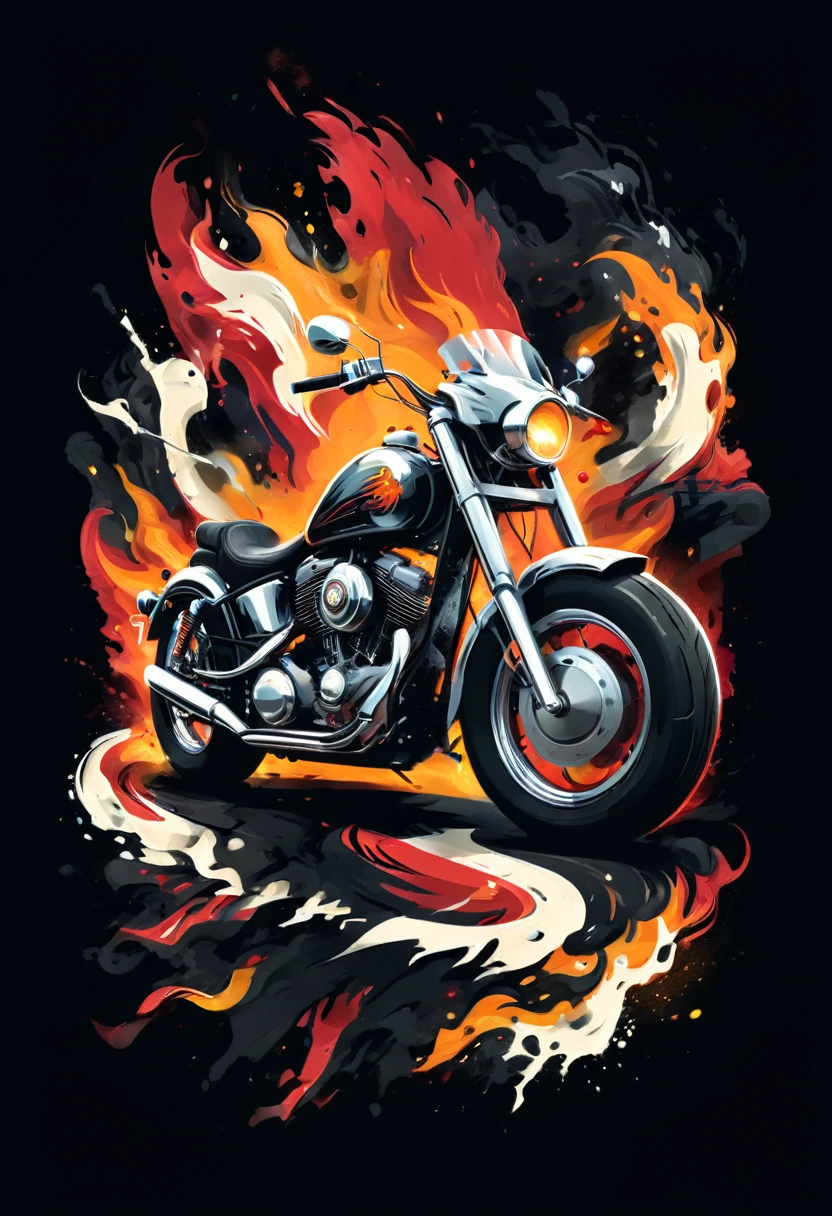 T-shirt Design T-shirt Design for bikers with engine and decorative flames and Banners and Texts Colorful illustration Isolated on black background, t shirt design,robust style,just design,White background,no model,proffesional,hight contrast,high resolution,ultra detali,bright coloured,metallic details,sharp focus,Jumpy,dynamic composition,gritty texture,rough brushstrokes,Mechanical elements,Chrome Effect,classic typography,retro style,distressed look,aggressive lines and curves,3D rendering,impressive visual impact,dark shadows,strong brand presence,monochrome palette,Industrial aesthetics
