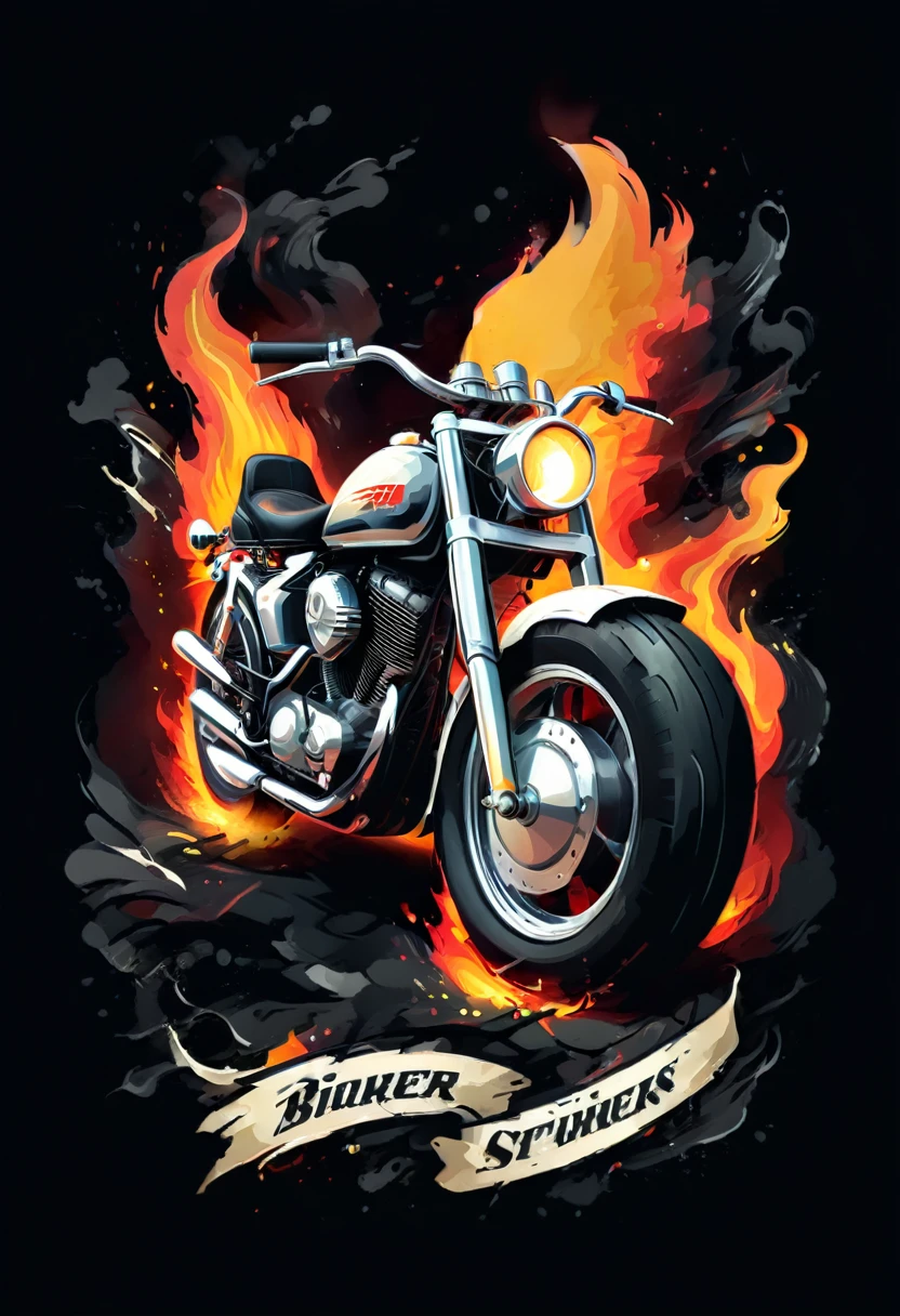 T-shirt Design T-shirt Design for bikers with engine and decorative flames and Banners and Texts Colorful illustration Isolated on black background, t shirt design,robust style,just design,White background,no model,proffesional,hight contrast,high resolution,ultra detali,bright coloured,metallic details,sharp focus,Jumpy,dynamic composition,gritty texture,rough brushstrokes,Mechanical elements,Chrome Effect,classic typography,retro style,distressed look,aggressive lines and curves,3D rendering,impressive visual impact,dark shadows,strong brand presence,monochrome palette,Industrial aesthetics