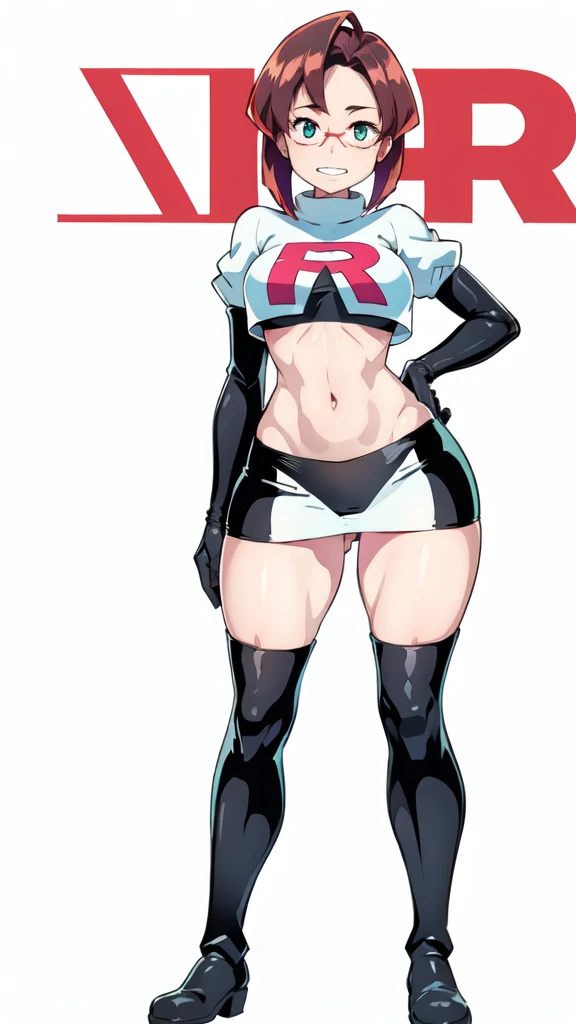 (Alphonse Mucha style:1.3), masterpiece,Highest quality,High resolution,Anime Style,(1 high school girl:1.2), The clothes are thick enough not to be see-through, (((Team Rocket uniform), Short skirt), (Black Patent Leather Gloves), (Black patent leather boots), (Jet black panties)),(Smiling and showing teeth:1.3),(Her hair color is green., Three-stranded,　Glasses:1.3), (Panty shot, View from below the subject:1.1), (Clothes that look good:1.1), (Blank Background:1.3), (The subject steps on the viewer:1.3)